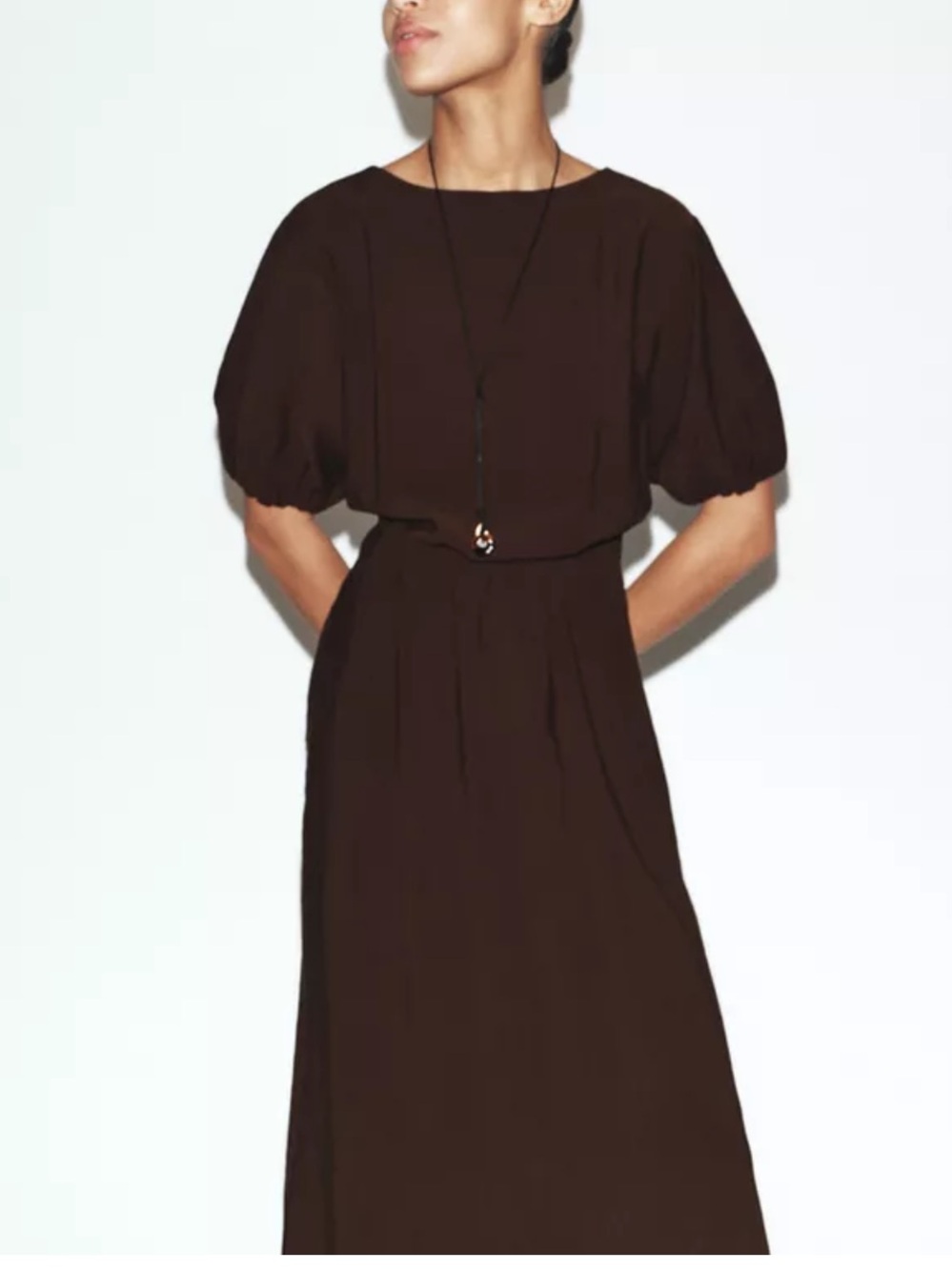 Zara Flowy Pleated Midi Dress Chocolate Dark Brown Small